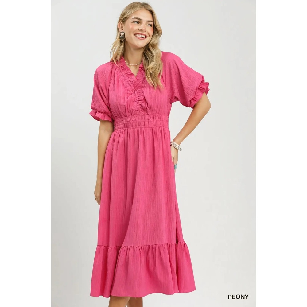 Umgee Ruffle V-Neck Midi Dress - Peony - Small - Picture 5 of 5